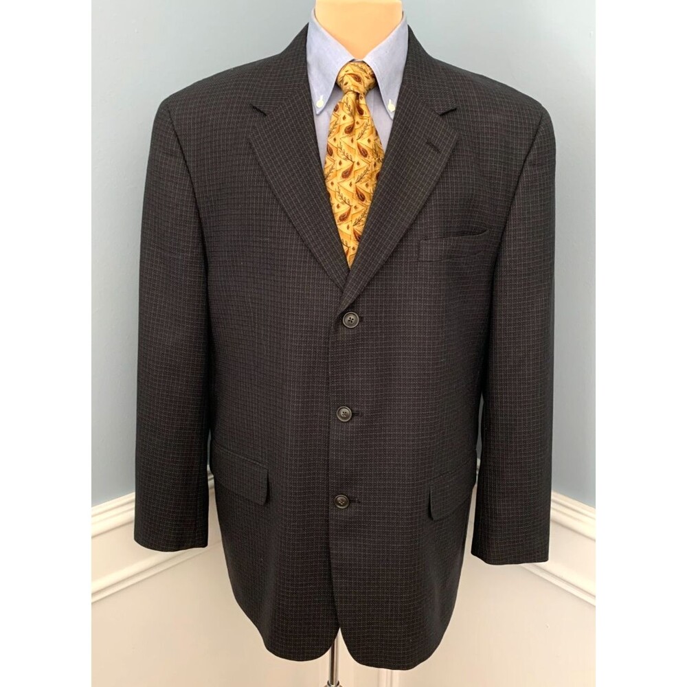 Alfani Blazer Mens 44R Silk Wool Tweed Micro Check Plaid Jacket Sportcoat